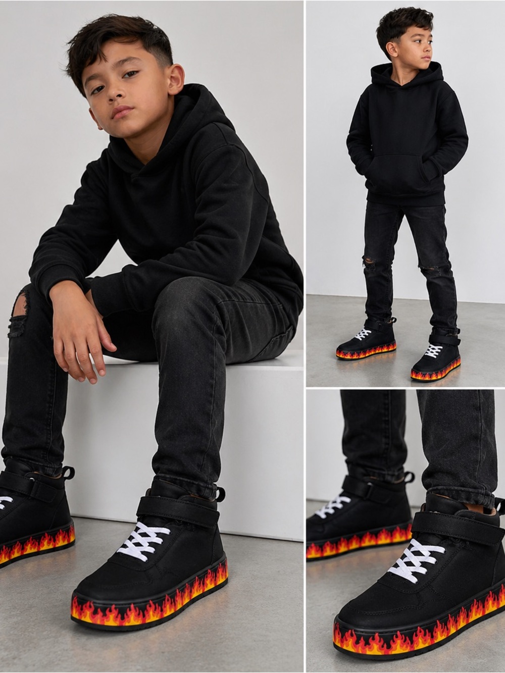 Flame High Top Sneakers Black Fire Sole Streetwear Skater Shoes